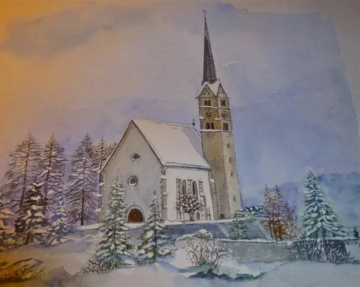 Scuol Kirche verkauft (Aquarell)